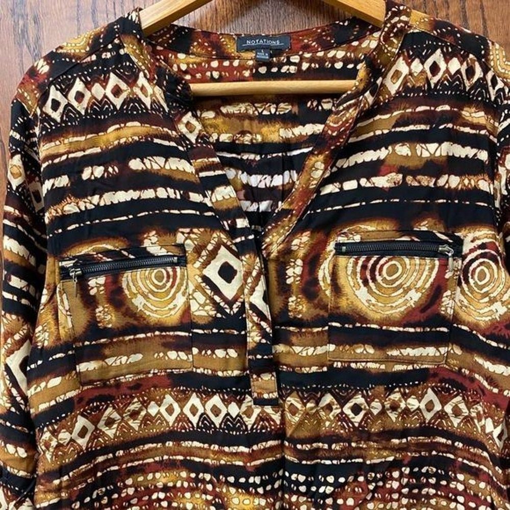 Notations brown and black tribal print v neck tunic top